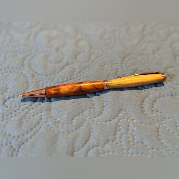 5.25” NEW Hand-carved Wooden Ball Point Pen RoseGold-tone Accents - Picture 1 of 2